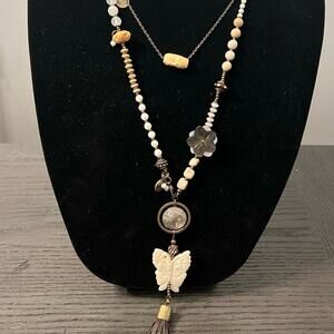 Exoal layered semi precious stones and carved shell boho statement necklace